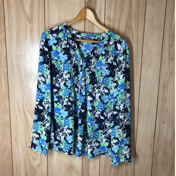 Laura Scott Blue Floral V-Neck Pleated Long Sleeve Top XL - Picture 1 of 5